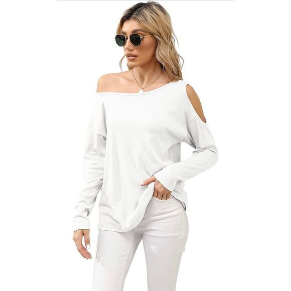 HIYIYEZI Women Cold Shoulder Tops Off One Shoulder Shirts Boat Neck Long Sleeve - Picture 6 of 6